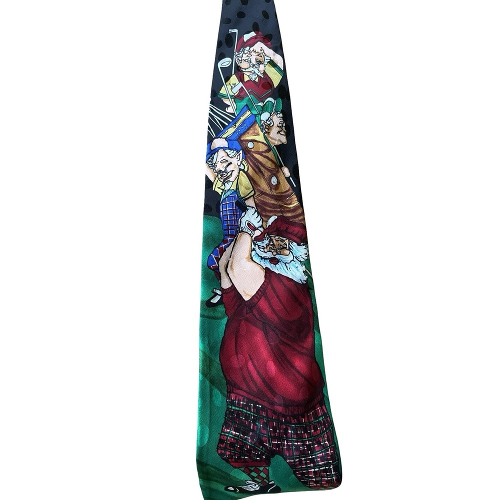 Addiction 100% Silk Neck Tie‎ Christmas Santa & Elves Golf  Red